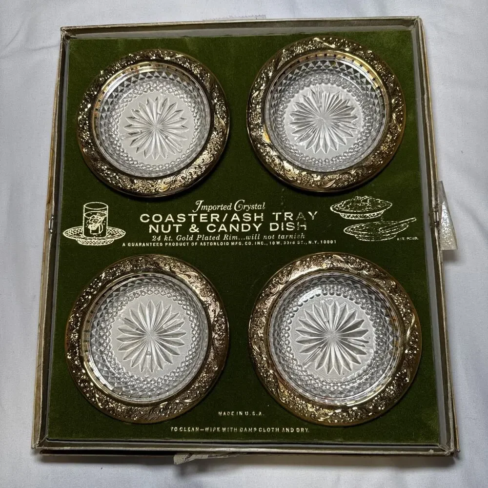 VTG Astorloid 24K Gold Plated Crystal Coasters Ashtrays Nut Dishes 4.5